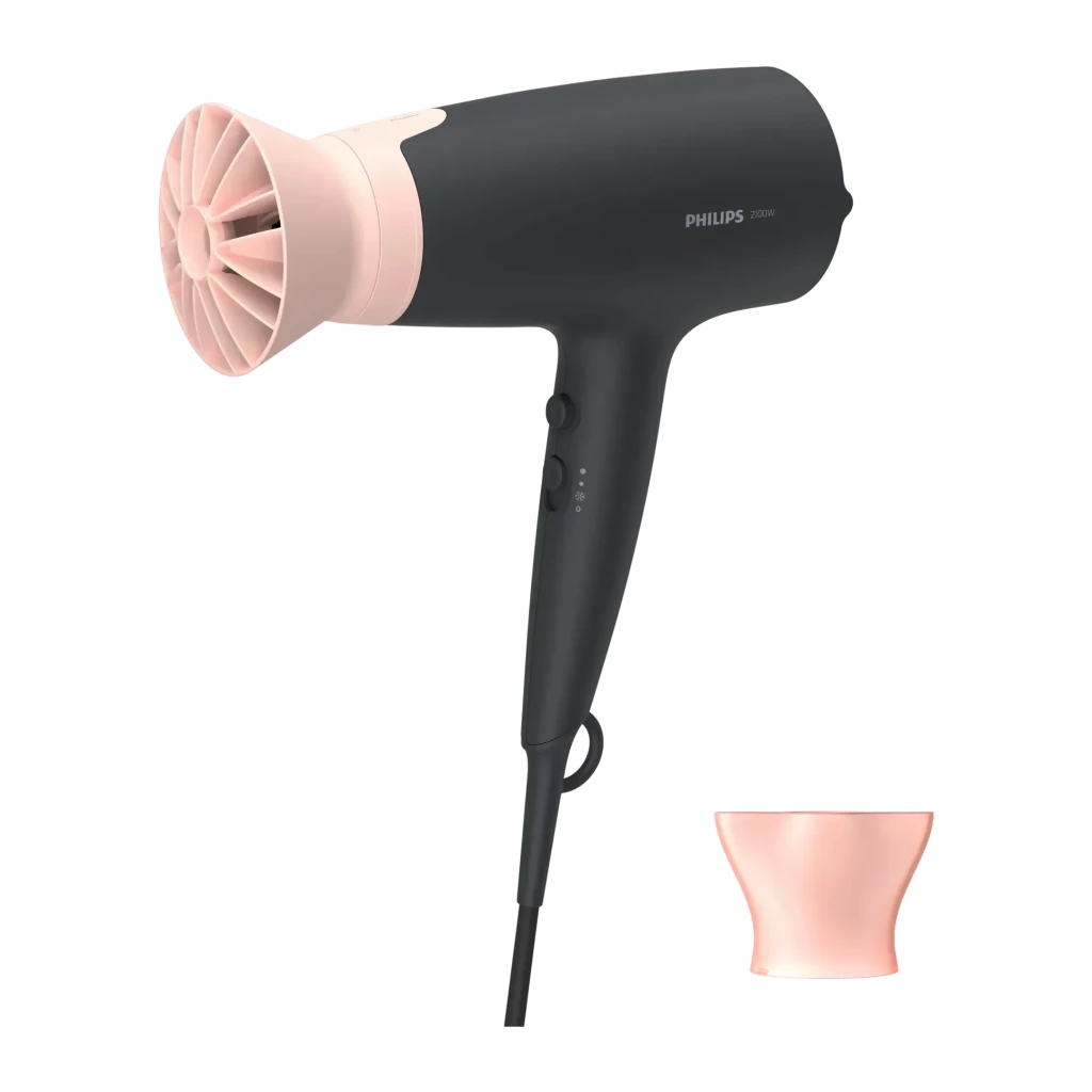 Secador de pelo Philips 3000 Series Iónico 2100W Negro/Rosa BHD350/10, vista frontal: cuerpo negro con difusor