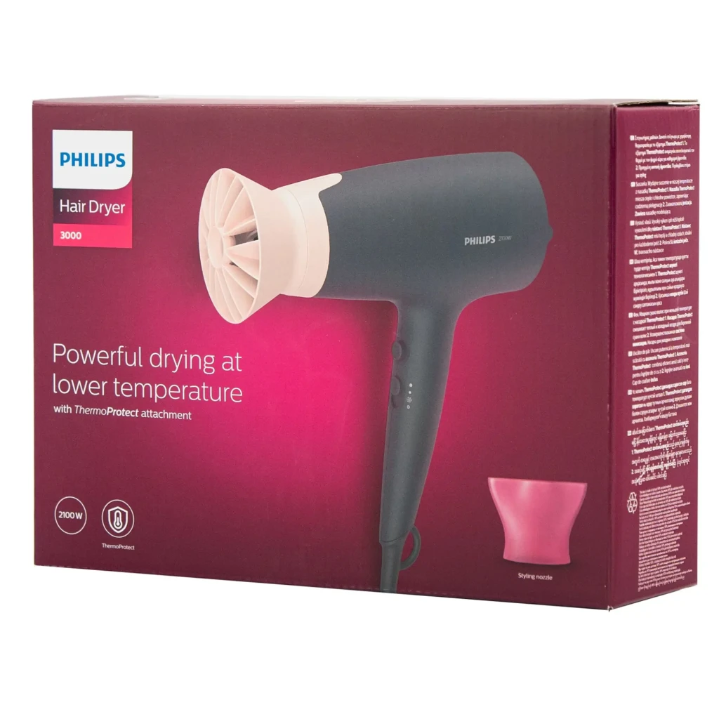 Secador de pelo Philips 3000 Series Iónico 2100W Negro/Rosa BHD350/10, contenido de la caja: caja con secador y boquilla