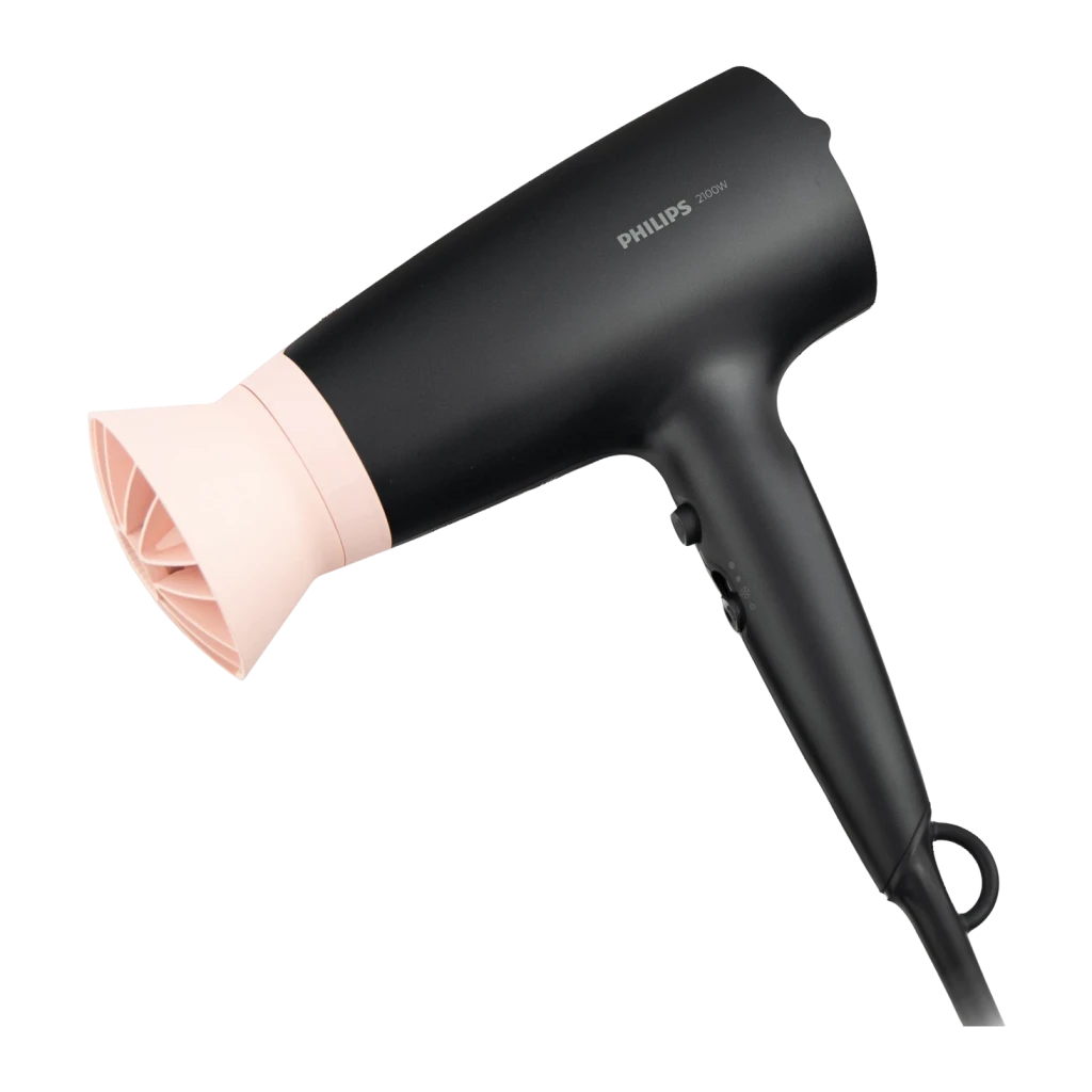 Secador de pelo Philips 3000 Series Iónico 2100W Negro/Rosa BHD350/10, detalle: boquilla rosa con rejilla y cuerpo negro