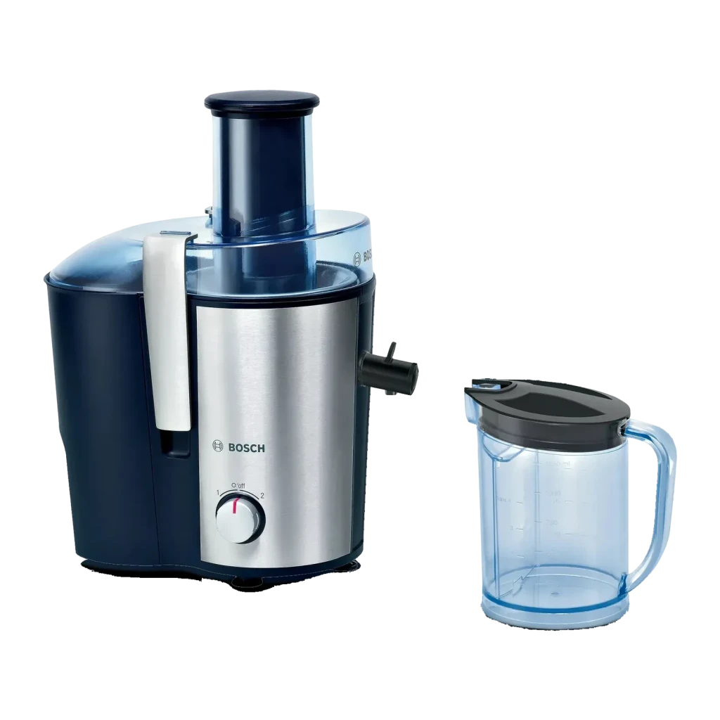 Licuadora Bosch VitaJuice 3 2L 700W Negro MES3500, vista frontal: cuerpo inox con selector de velocidad y jarra recolectora