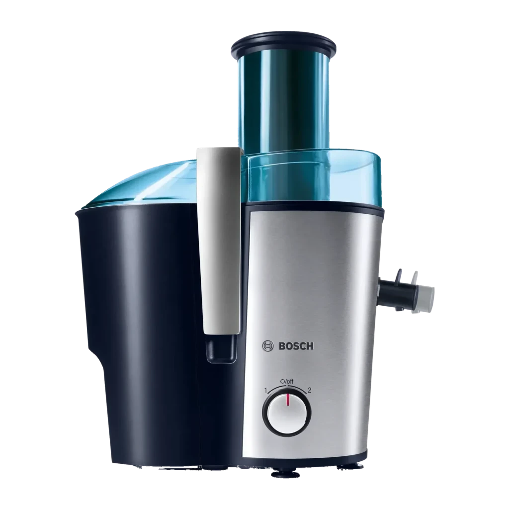 Licuadora Bosch VitaJuice 3 2L 700W Negro MES3500, detalle: cuerpo inox con selector O/off 1-2, tapa azul translúcida