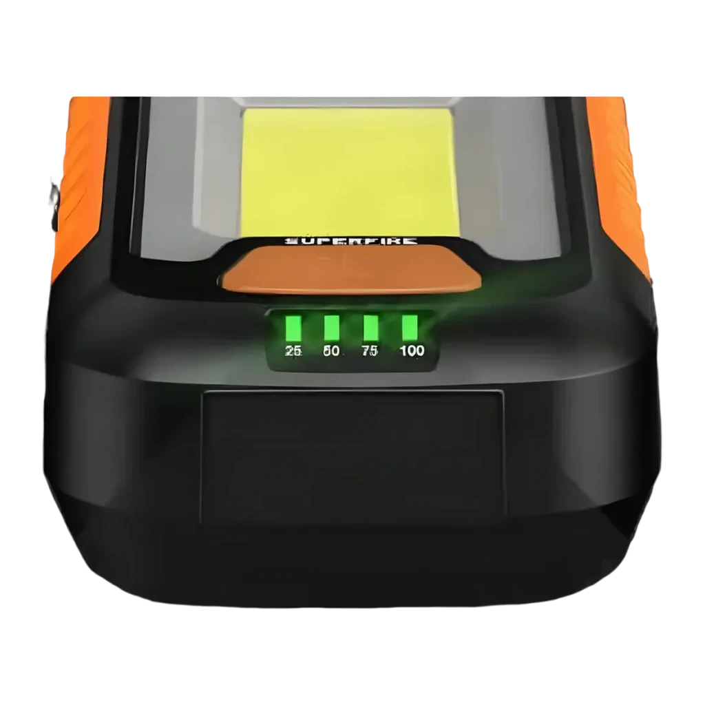 Lanterna LED Superfire G21 Preto Recarregável USB 650lm, detalhe: indicador de bateria 4 LEDs verdes 25-50-75-100% e painel