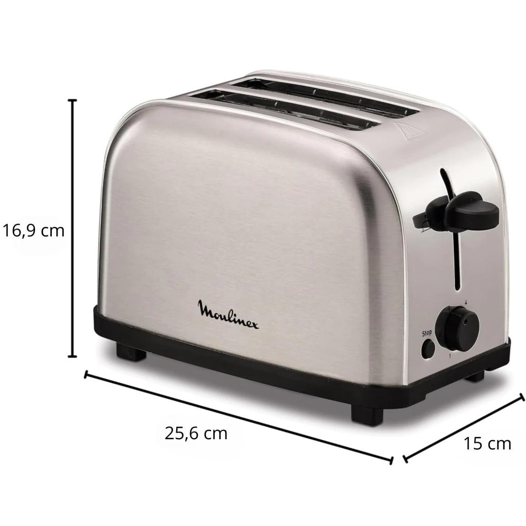 Tostadora Moulinex Classic 700W 2 ranuras Acero Inoxidable LT330D, vista lateral con cotas: dimensiones 25,6x15x16,9 cm