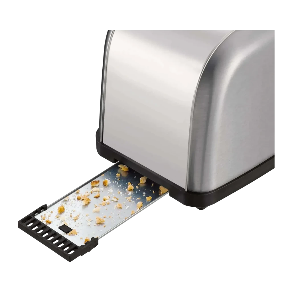 Tostadora Moulinex Classic 700W 2 ranuras Acero Inoxidable LT330D, detalle: bandeja recogemigas extraída con migas visibles