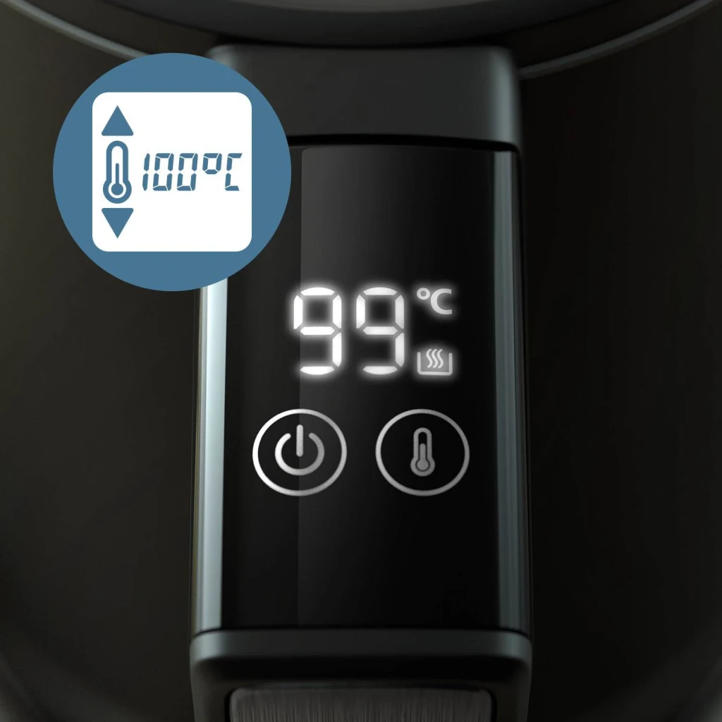 Chaleira elétrica Philips 7000 Series 1,7L 2200W Preto HD9396/90, detalhe painel: ecrã LED 99°C e botões de ligar