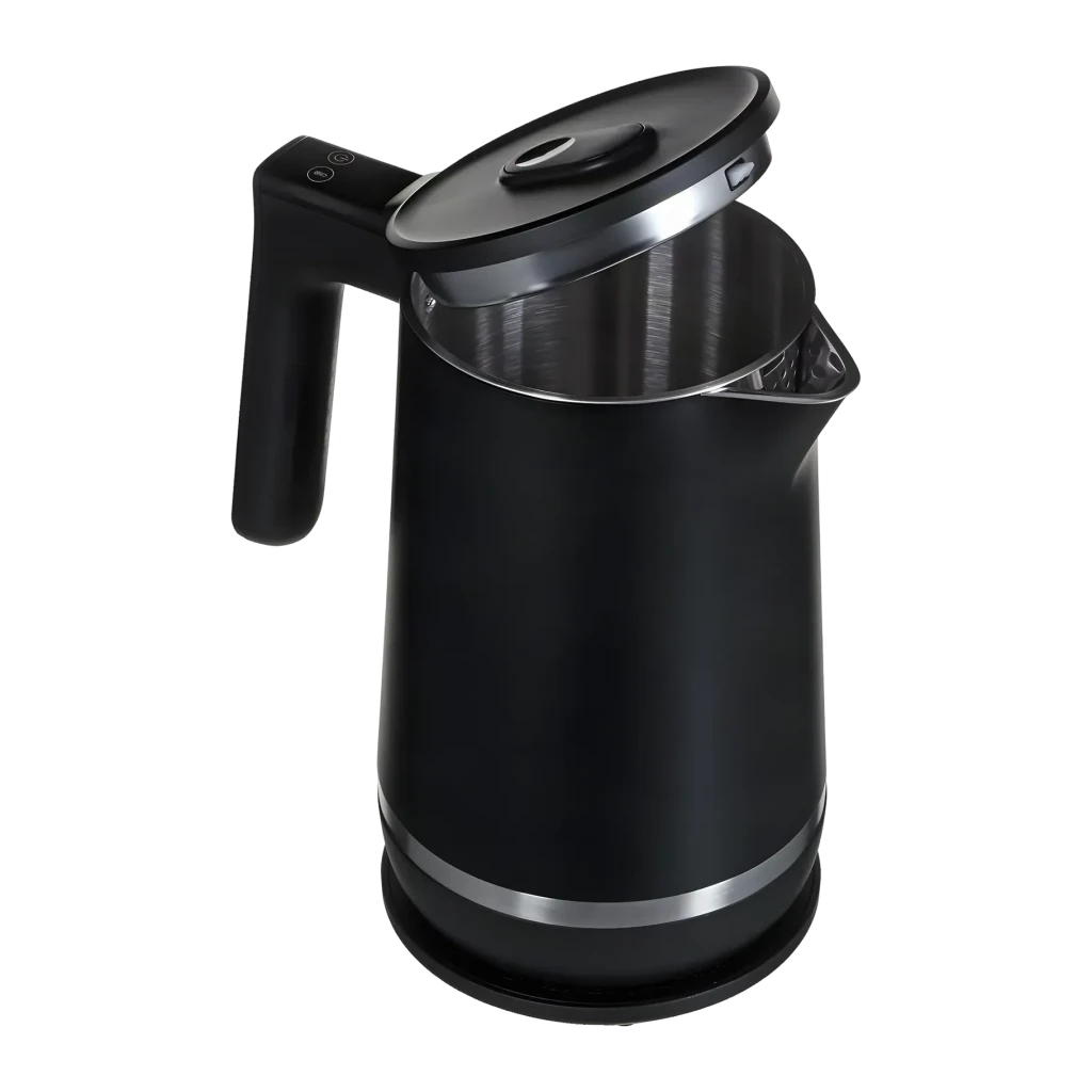 Chaleira elétrica Philips 7000 Series 1,7L 2200W Preto HD9396/90, detalhe: tampa aberta com interior em aço inoxidável e aro