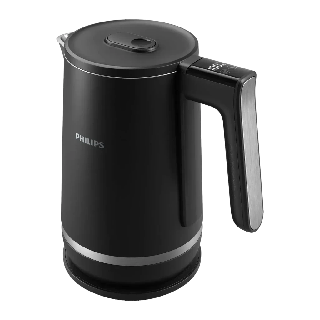 Chaleira elétrica Philips 7000 Series 1,7L 2200W Preto HD9396/90, detalhe: visor digital de temperatura na alça e acabamento