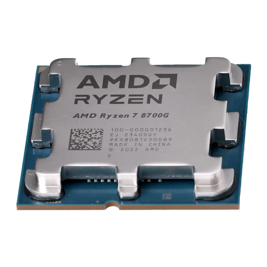 AMD Ryzen 7 8700G 8 Núcleos AM5 Tray, vista frontal: IHS metálico plateado con logo AMD Ryzen grabado y PCB azul AM5