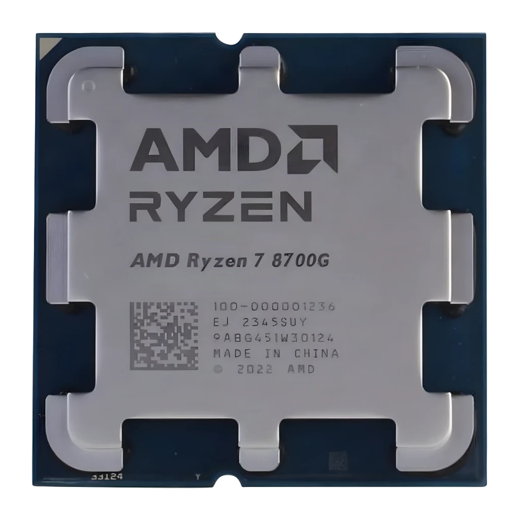 AMD Ryzen 7 8700G 8 Núcleos AM5 Tray, detalle: cara superior del procesador con logo AMD Ryzen y código QR