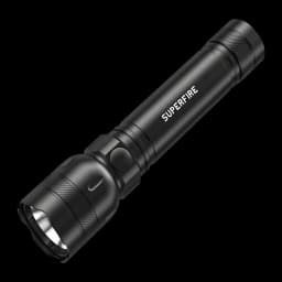Lanterna LED Superfire GTS6 Preto Recarregável USB-C 7W 360 lúmens, vista frontal: corpo preto texturizado, lente LED
