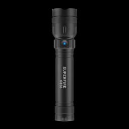 Lanterna LED Superfire GTS6 Preto Recarregável USB-C 7W 360 lúmens, detalhe: vista frontal com botão azul aceso, logo
