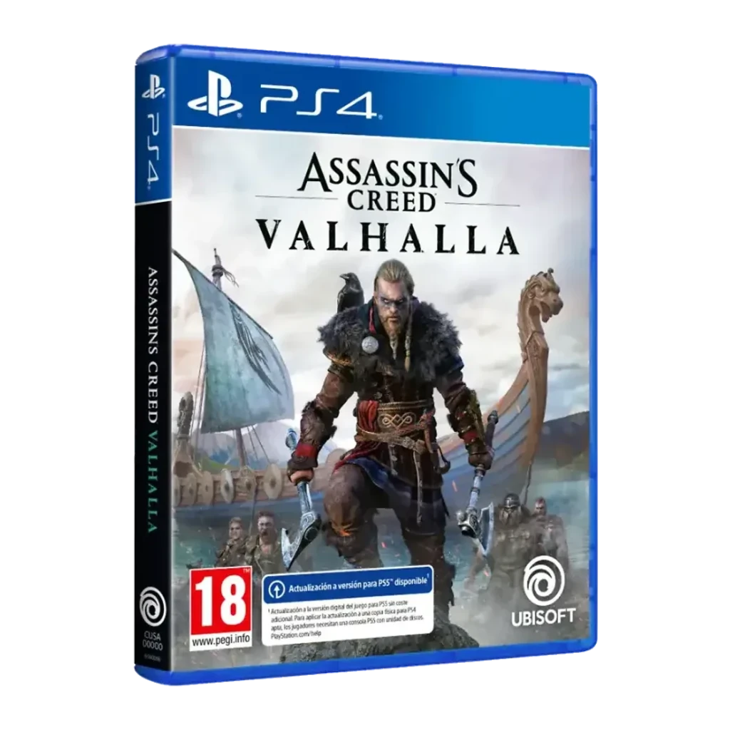 Videojuego Ubisoft Assassin's Creed Valhalla Estándar PS4, vista frontal: caja PS4 con guerrero vikingo, hachas y drakkar