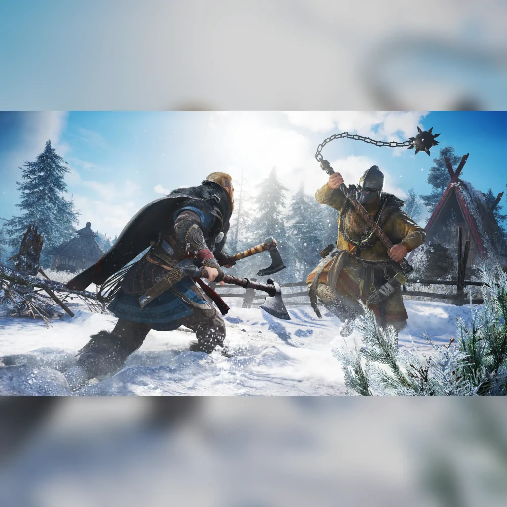 Videojuego Ubisoft Assassin's Creed Valhalla Estándar PS4, en uso: Eivor con hacha enfrenta a enemigo con mayal en paisaje