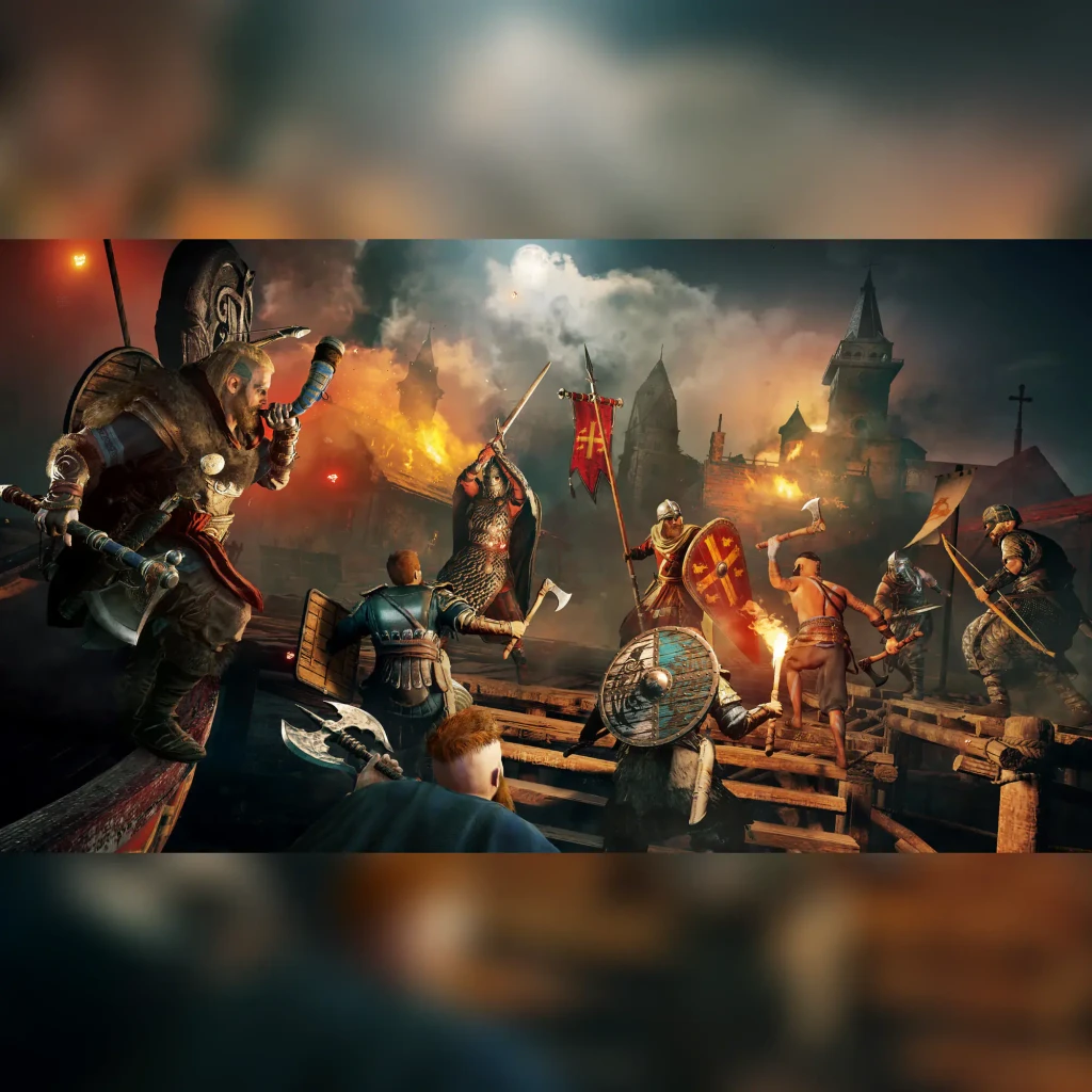 Videojuego Ubisoft Assassin's Creed Valhalla Estándar PS4, en uso: batalla vikinga con Eivor, hachas, escudos y castillo