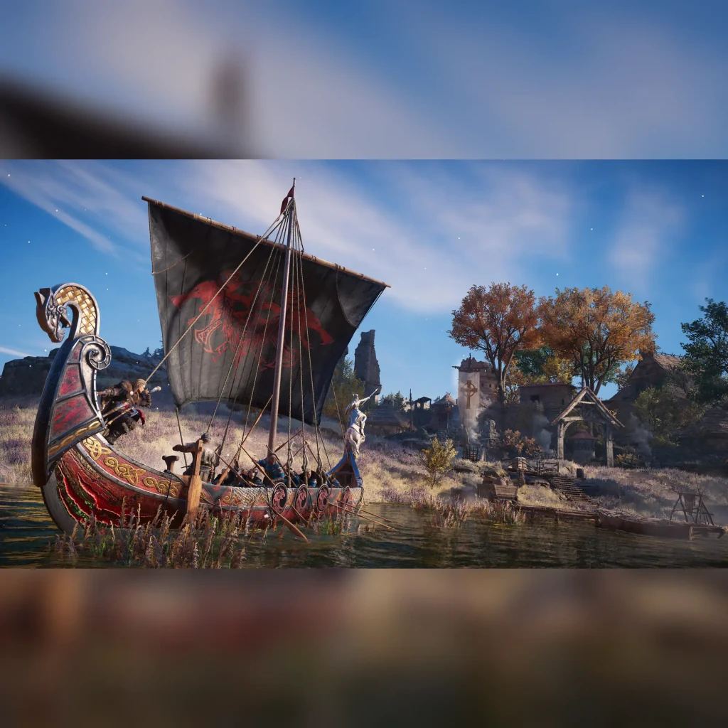 Videojuego Ubisoft Assassin's Creed Valhalla Estándar PS4, en uso: drakkar vikingo con vela roja atracado junto a aldea