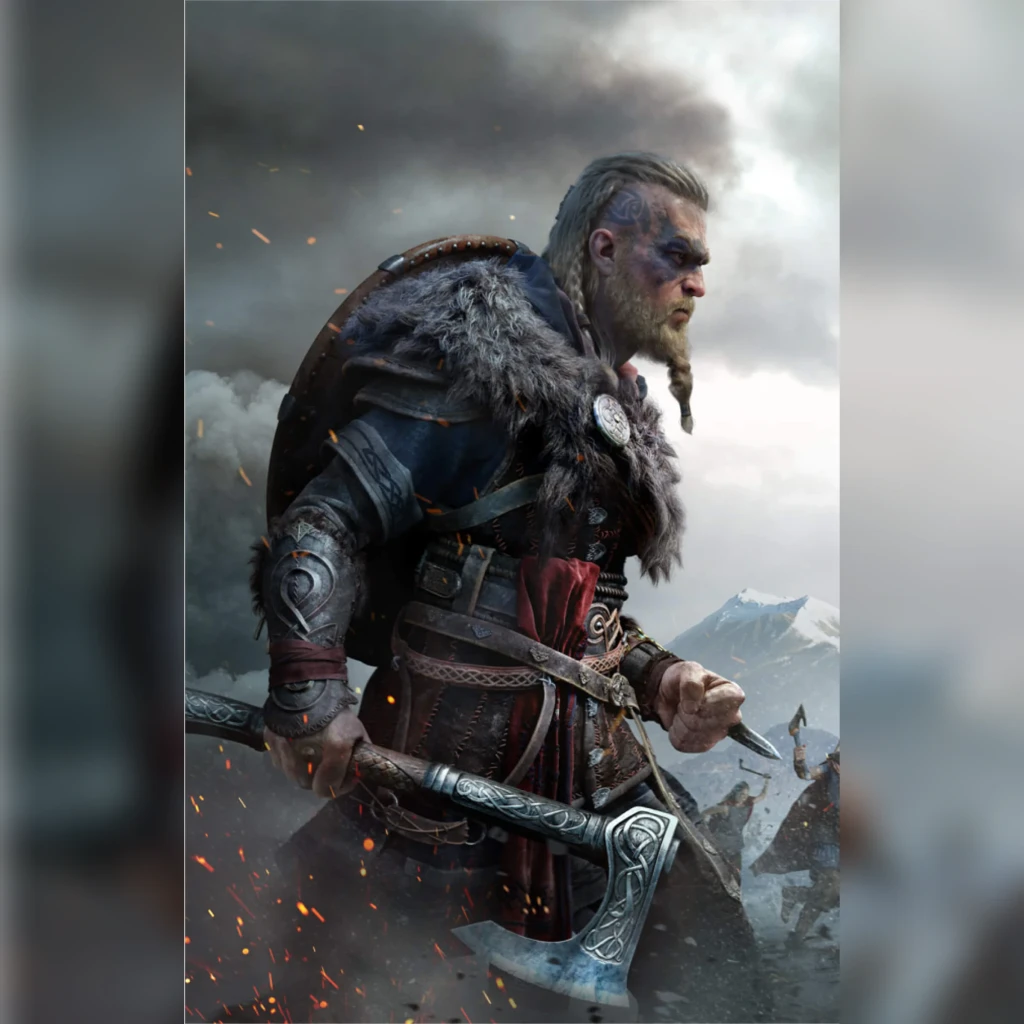 Videojuego Ubisoft Assassin's Creed Valhalla Estándar PS4, en uso: guerrero vikingo con hacha y tatuajes faciales en campo