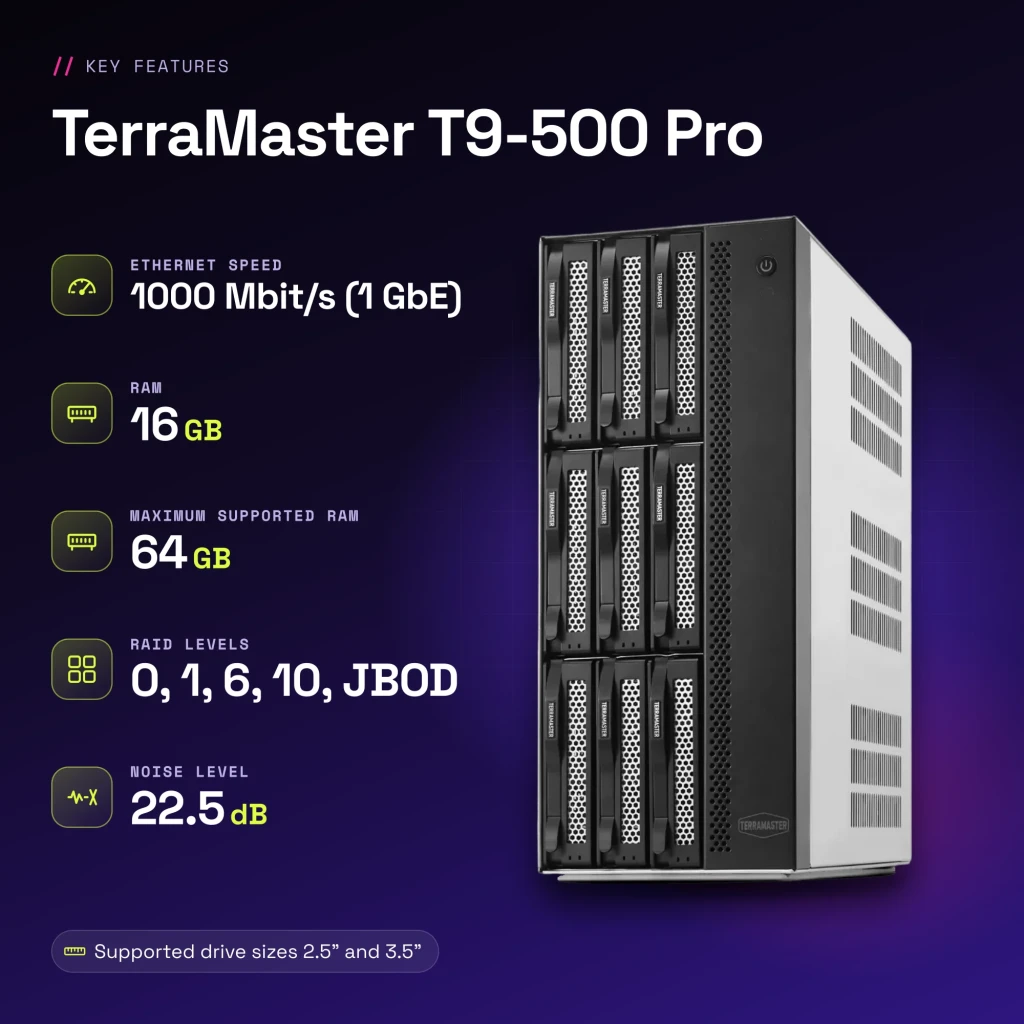 Serveur NAS TerraMaster 16 Go Gris 9 Baies Sans Disques 2 × 10GbE T9-500 Pro - caractéristiques