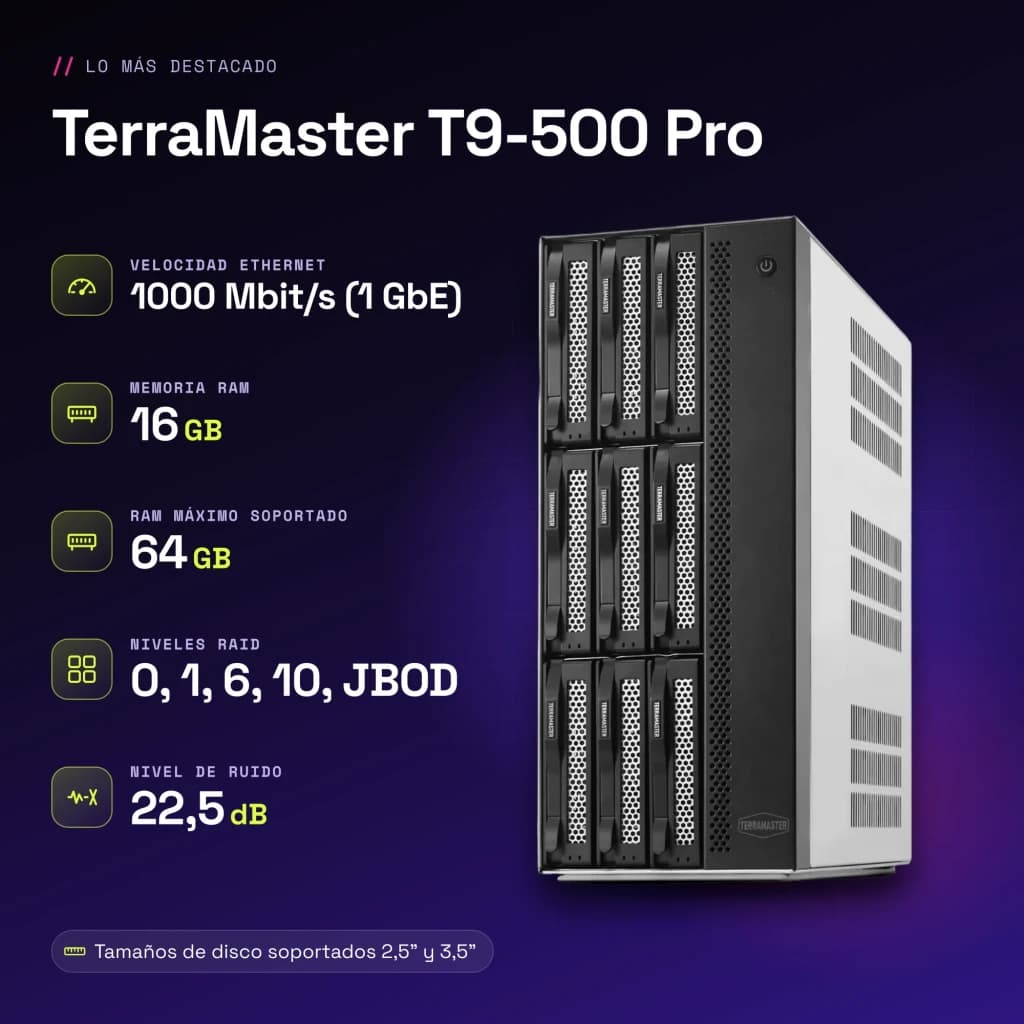 Servidor NAS TerraMaster 16GB Gris 9 Bahías Sin Discos 2 × 10GbE T9-500 Pro - características