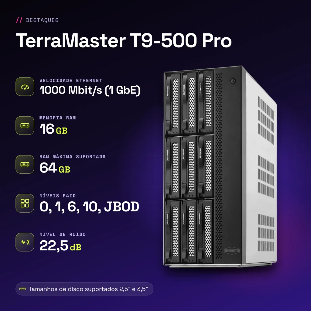 Serveur NAS TerraMaster 16 Go Gris 9 Baies Sans Disques 2 × 10GbE T9-500 Pro - caractéristiques