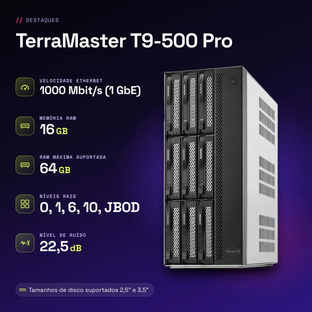 Servidor NAS TerraMaster 16GB Gris 9 Bahías Sin Discos 2 × 10GbE T9-500 Pro - características