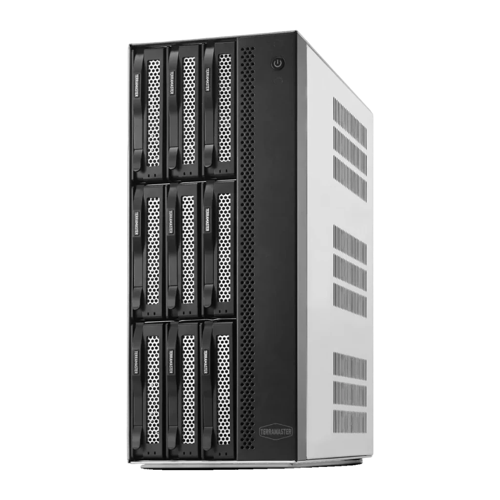 Serveur NAS TerraMaster 16 Go Gris 9 Baies Sans Disques 2 × 10GbE T9-500 Pro, vue avant: 9 baies avec tiroirs noirs en 3