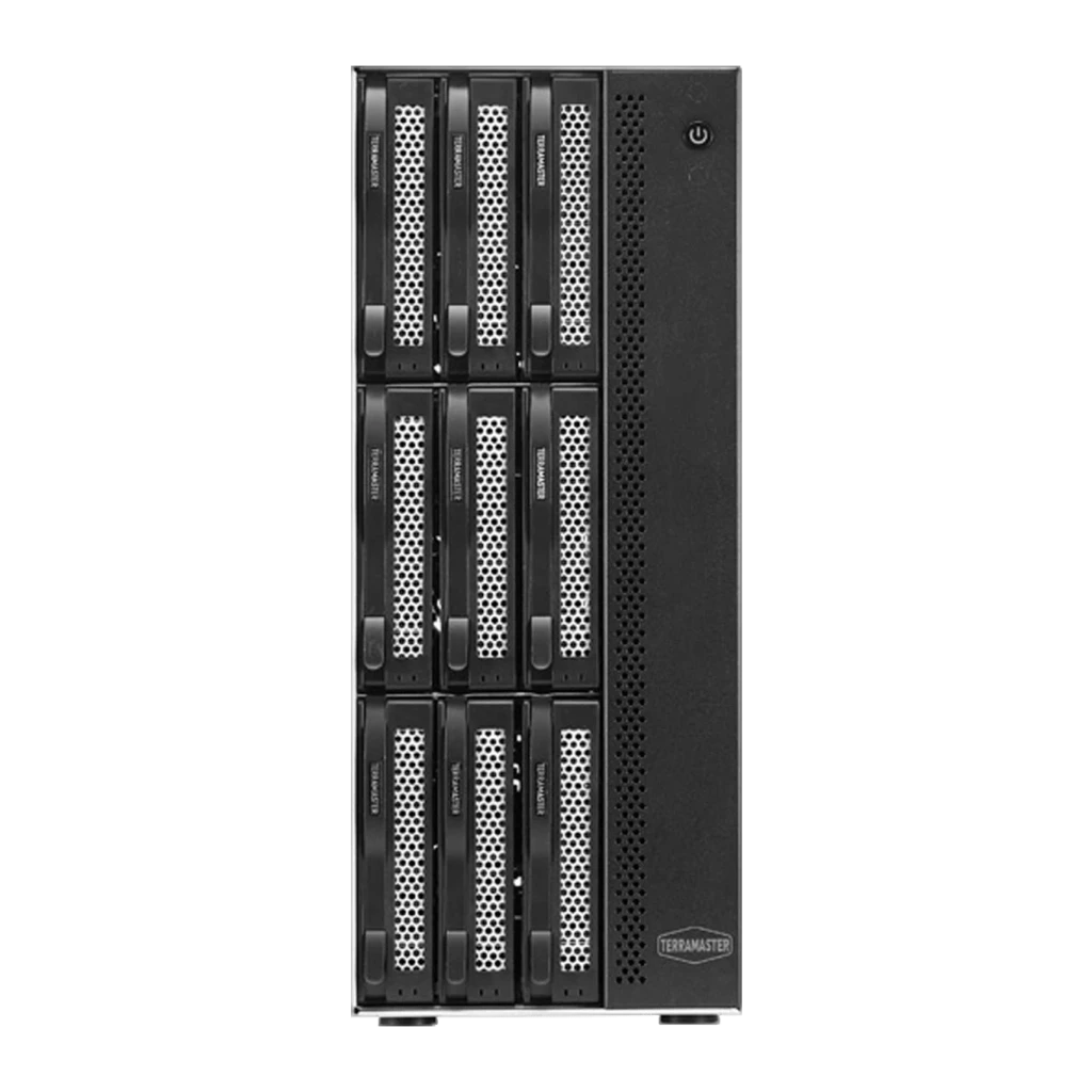 Serveur NAS TerraMaster 16 Go Gris 9 Baies Sans Disques 2 × 10GbE T9-500 Pro, détail avant: 9 baies avec tiroirs