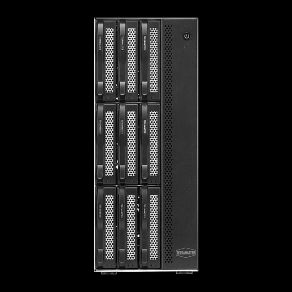 Servidor NAS TerraMaster 16GB Gris 9 Bahías Sin Discos 2 × 10GbE T9-500 Pro, detalle frontal: 9 bahías con bandejas