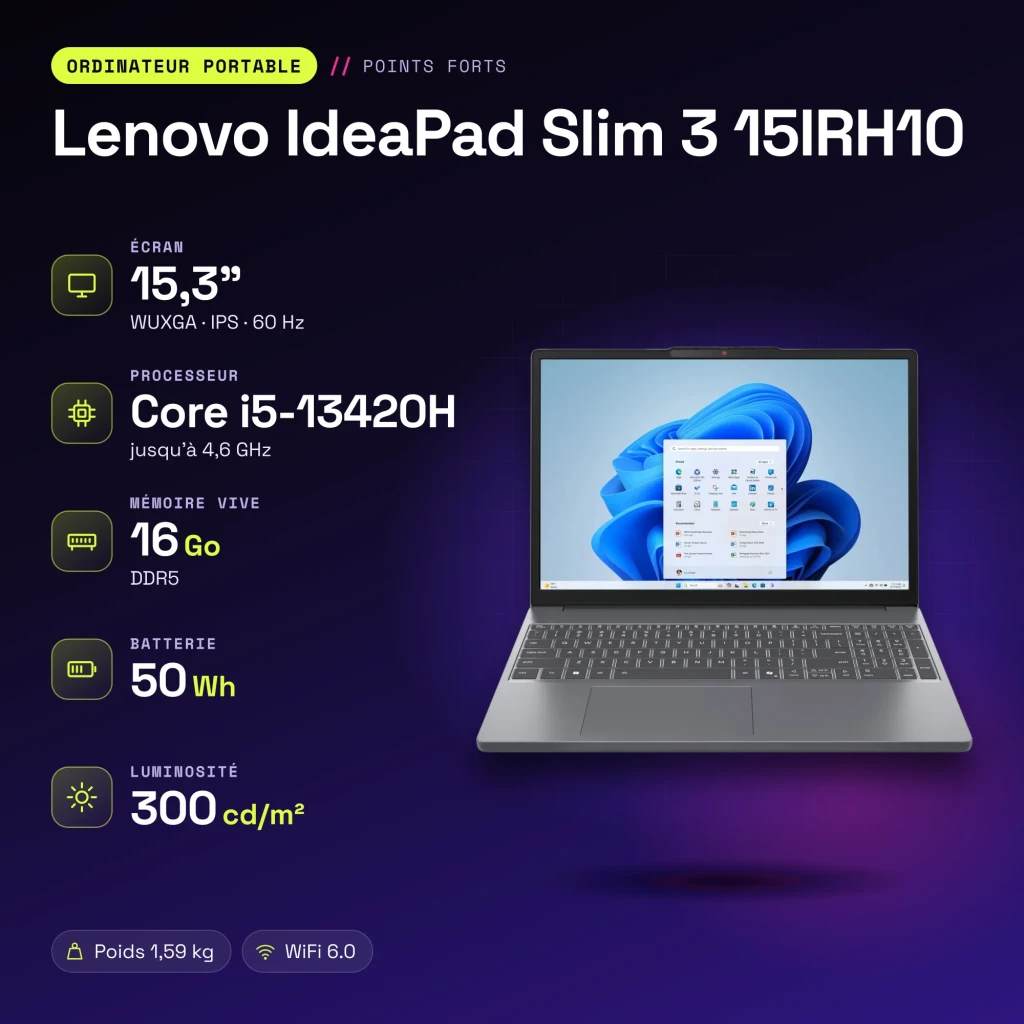 Portátil Lenovo IdeaPad Slim 3 16GB/512GB 15,3 pulgadas IPS WUXGA Intel Core i5-13420H SSD NVMe Sin Sistema Operativo Gris 15IRH10 - características