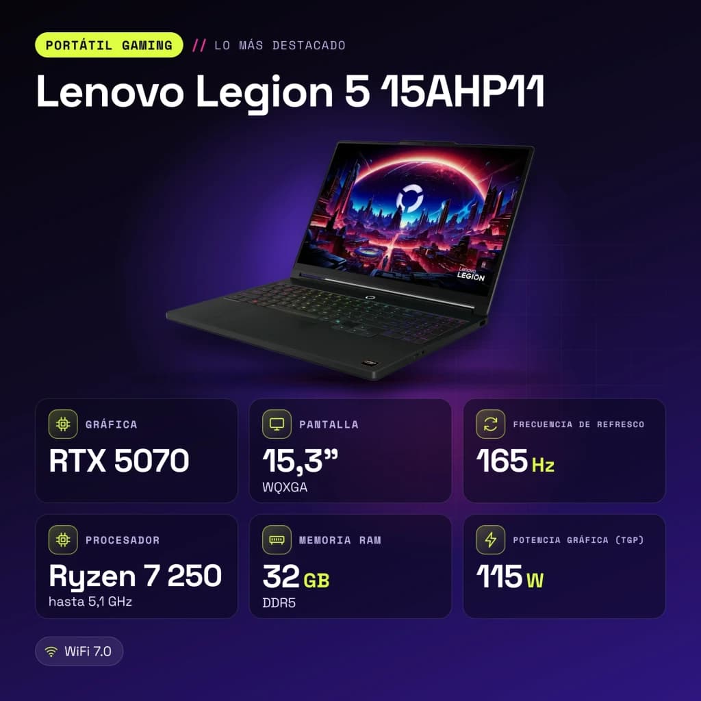Portátil Lenovo Legion 5 32GB/512GB RTX 5070 8GB GDDR7 15,3 polegadas OLED QHD AMD Ryzen 7 250 SSD NVMe PCIe 4.0 Preto 15AHP11 - características