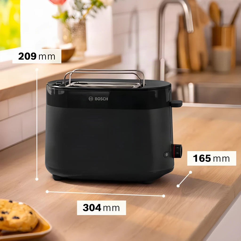 Torradeira Bosch MyMoment 950W 2 Ranhuras Preto TAT2M123, dimensões: 304x165x209 mm em bancada de cozinha