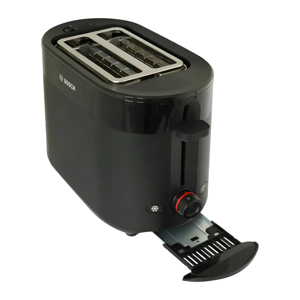 Torradeira Bosch MyMoment 950W 2 Ranhuras Preto TAT2M123, vista traseira: gaveta de migalhas aberta, botão vermelho e função