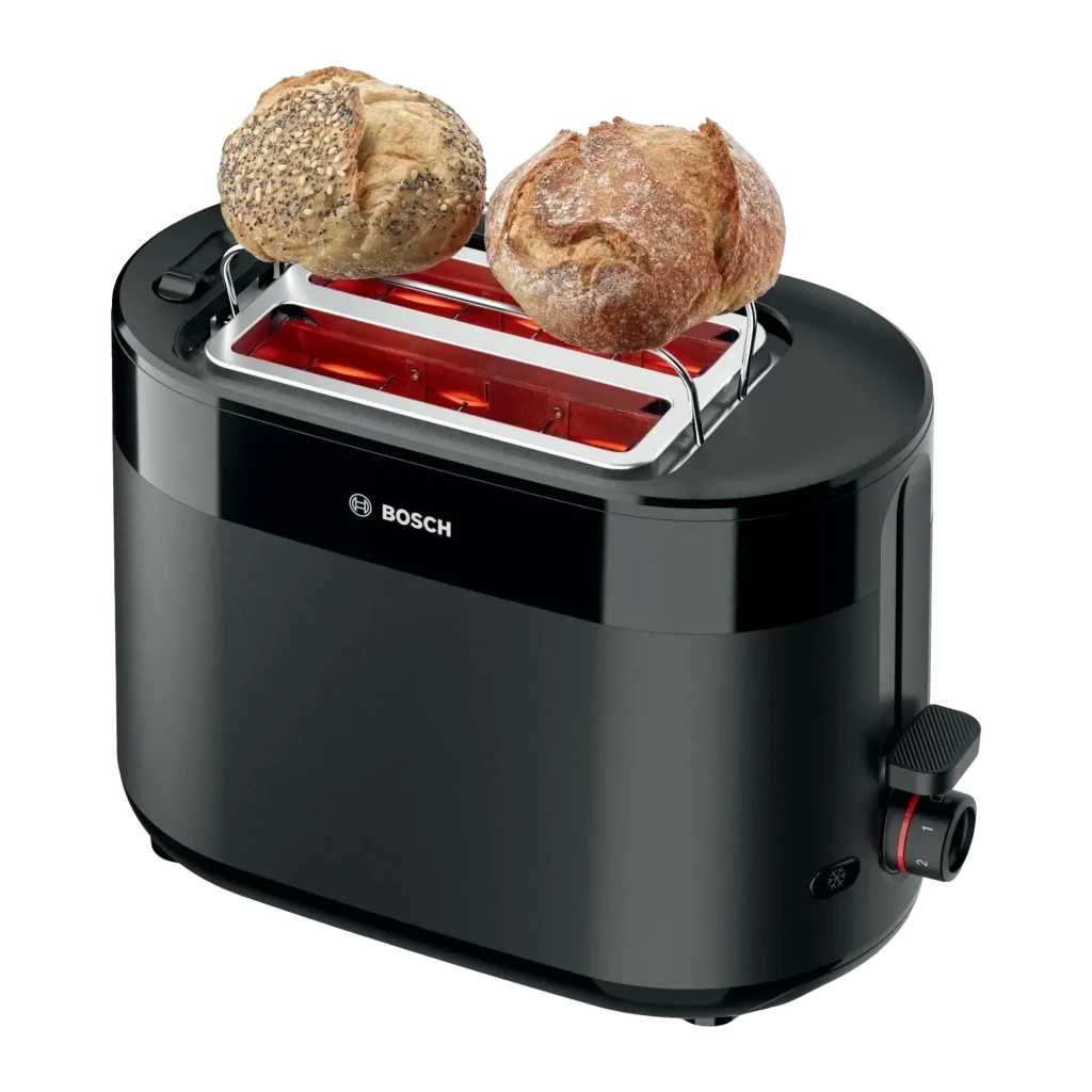 Torradeira Bosch MyMoment 950W 2 Ranhuras Preto TAT2M123, detalhe: dois pãezinhos sobre a grelha com resistências vermelhas