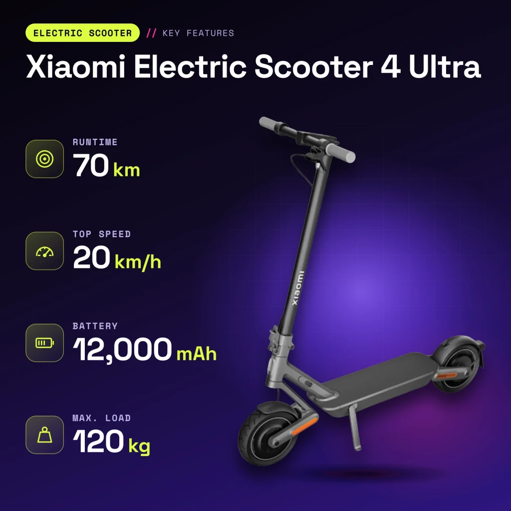 Patinete Eléctrico Xiaomi Electric Scooter 4 Ultra 500W 70km 20km/h 10 pulgadas Negro/Gris - características
