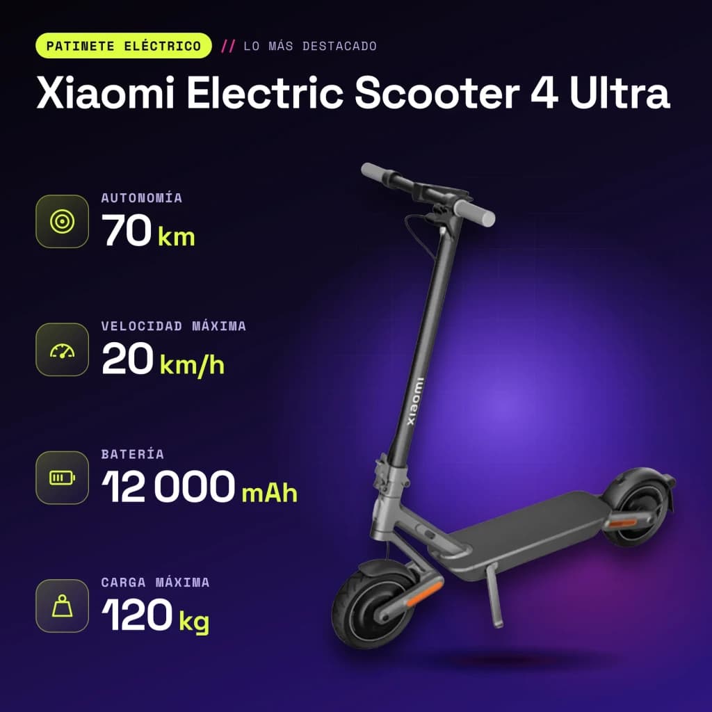 Patinete Eléctrico Xiaomi Electric Scooter 4 Ultra 500W 70km 20km/h 10 pulgadas Negro/Gris - características