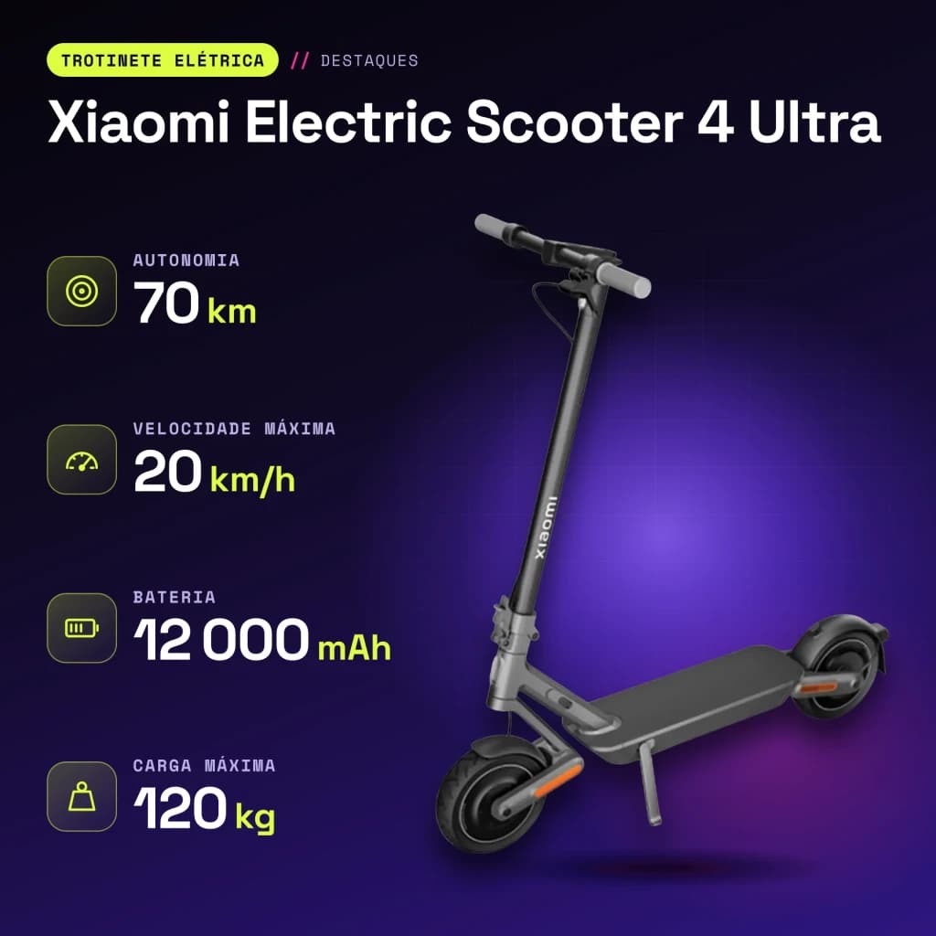 Patinete Eléctrico Xiaomi Electric Scooter 4 Ultra 500W 70km 20km/h 10 pulgadas Negro/Gris - características