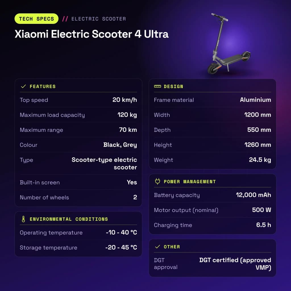 Patinete Eléctrico Xiaomi Electric Scooter 4 Ultra 500W 70km 20km/h 10 pulgadas Negro/Gris - características