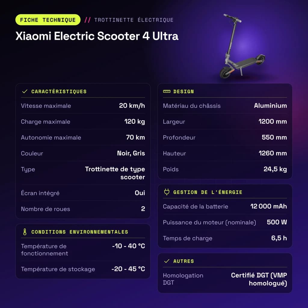 Patinete Eléctrico Xiaomi Electric Scooter 4 Ultra 500W 70km 20km/h 10 pulgadas Negro/Gris - características