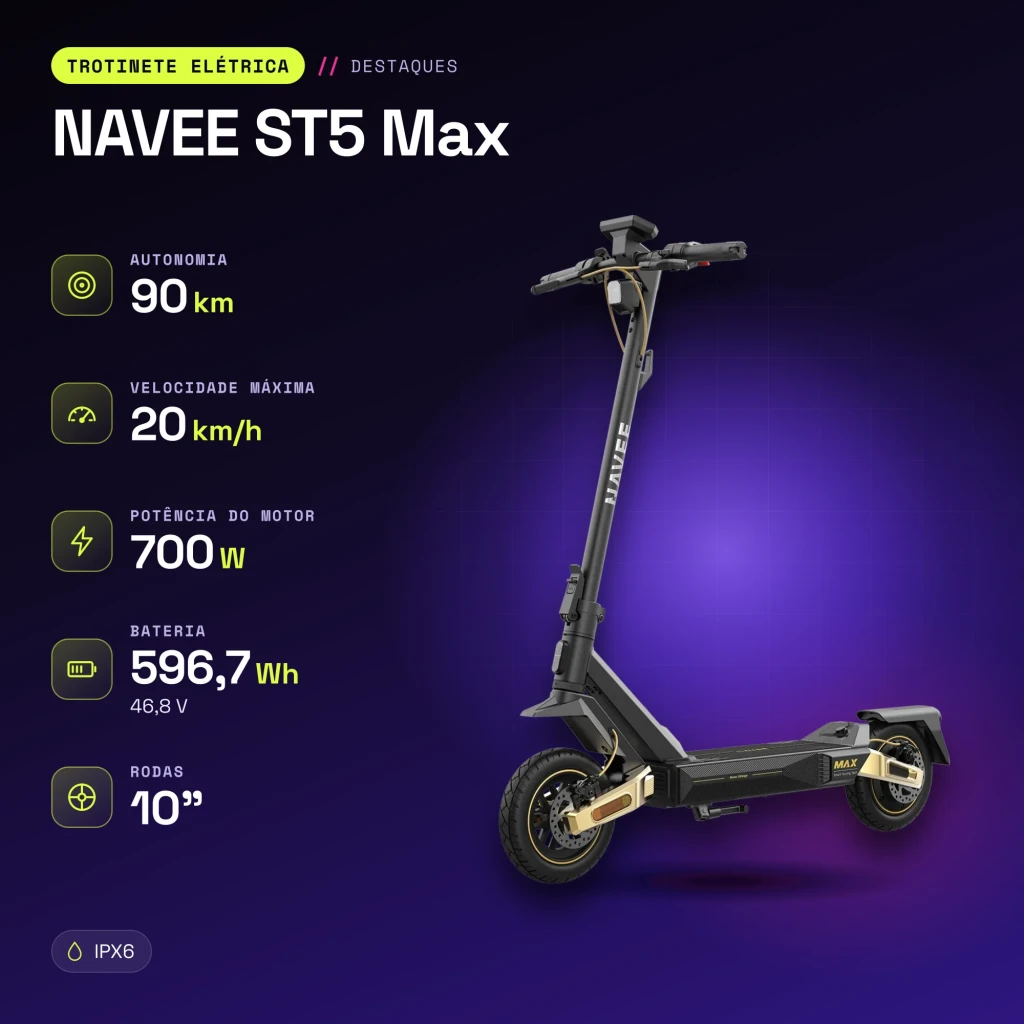 Patinete Eléctrico NAVEE ST5 Max 700W 90km 20km/h 10 pulgadas Negro - características