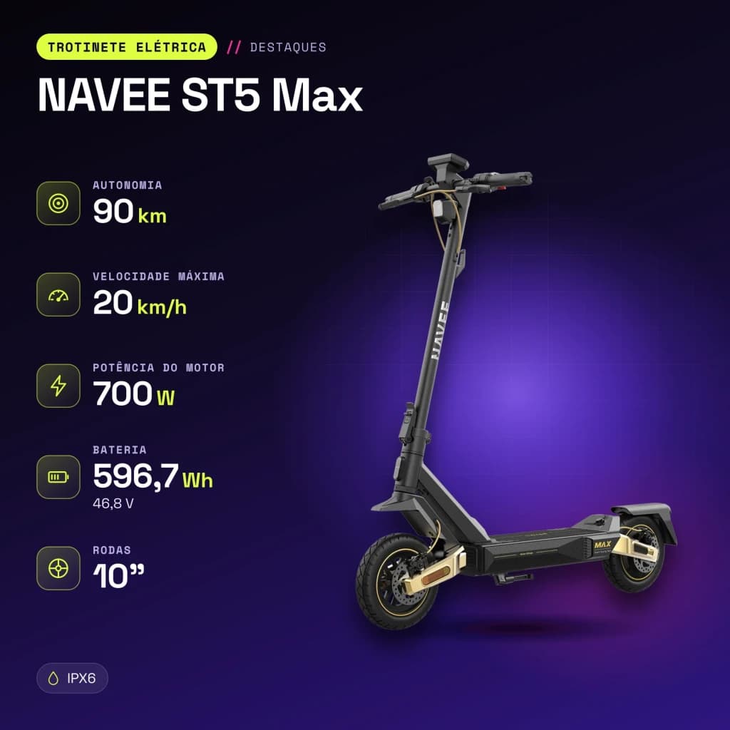 Patinete Eléctrico NAVEE ST5 Max 700W 90km 20km/h 10 pulgadas Negro - características