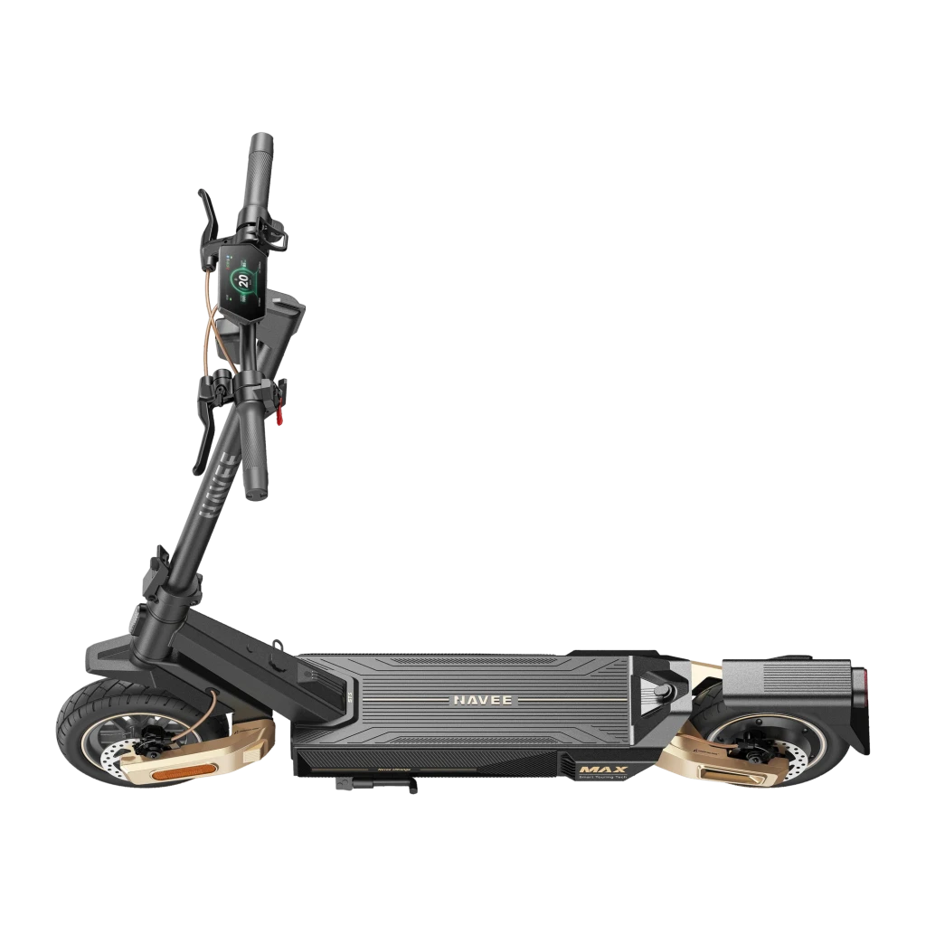 Patinete Eléctrico NAVEE ST5 Max 700W 90km 25km/h 10 pulgadas Negro, detalle lateral: deck texturizado, ruedas doradas