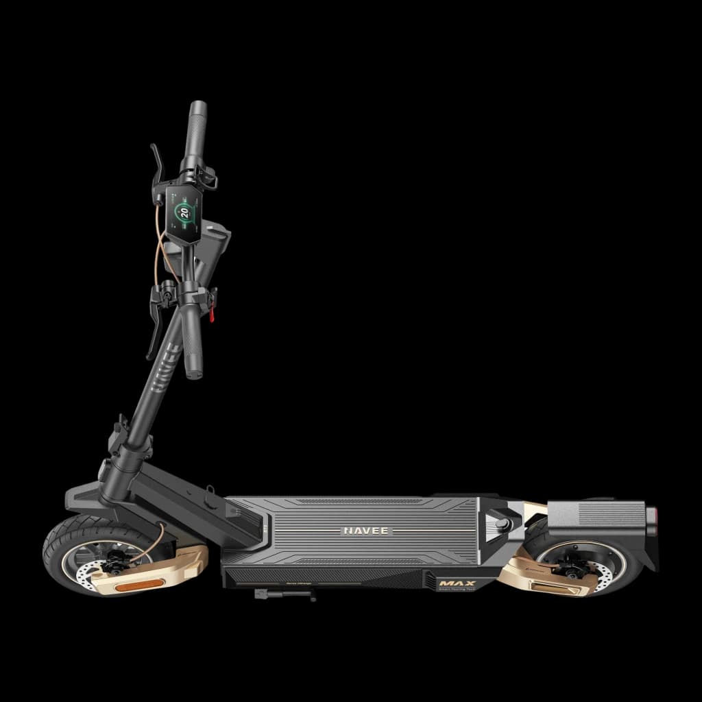 Patinete Eléctrico NAVEE ST5 Max 700W 90km 25km/h 10 pulgadas Negro, detalle lateral: deck texturizado, ruedas doradas