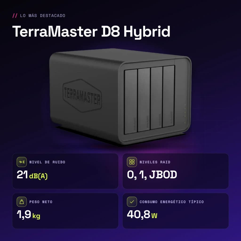 Boîtier DAS TerraMaster D8 Hybrid Noir 8 Baies (4 SATA + 4 M.2 NVMe) - caractéristiques