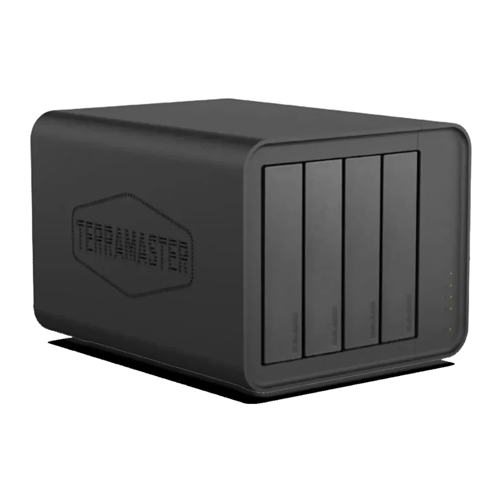 Boîtier DAS TerraMaster D8 Hybrid Noir 8 Baies (4 SATA + 4 M.2 NVMe), vue avant: 4 baies SATA avec LEDs de statut et grille
