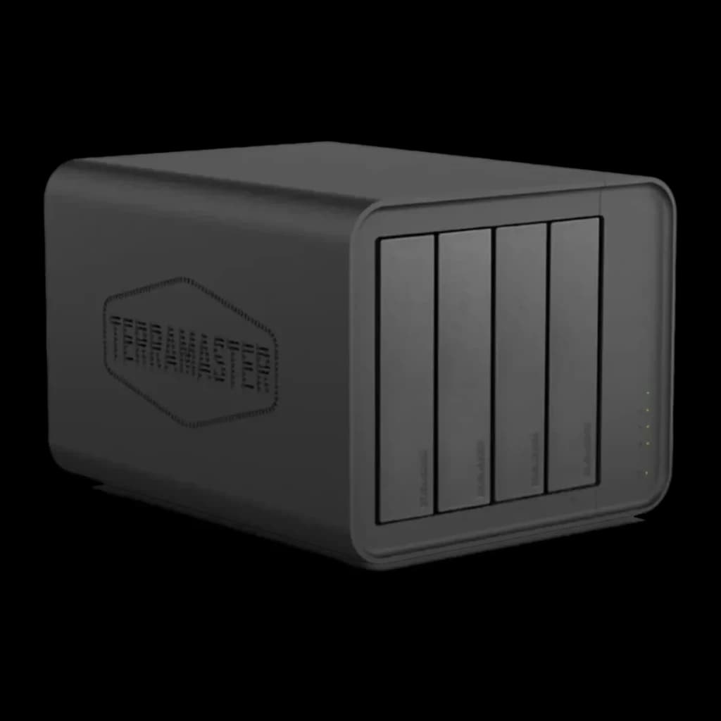 Boîtier DAS TerraMaster D8 Hybrid Noir 8 Baies (4 SATA + 4 M.2 NVMe), vue avant: 4 baies SATA avec LEDs de statut et grille