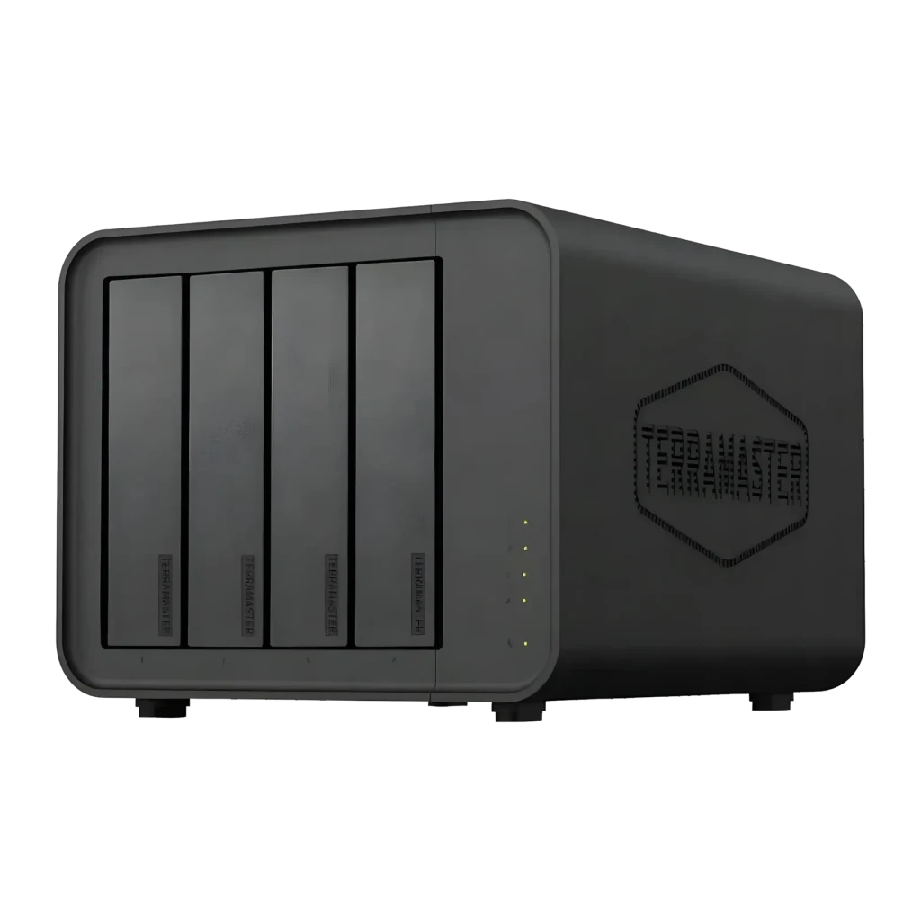 Boîtier DAS TerraMaster D8 Hybrid Noir 8 Baies (4 SATA + 4 M.2 NVMe), détail: vue avant en angle avec 4 baies SATA et LEDs