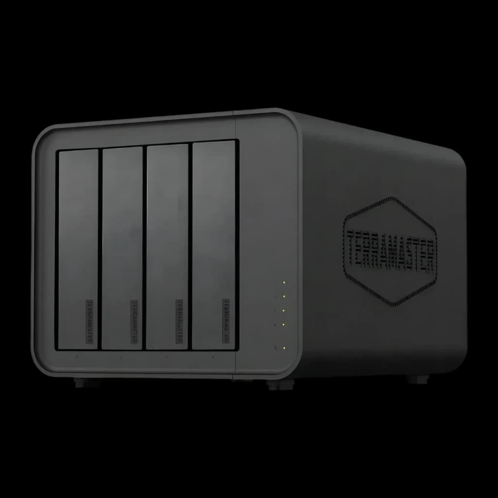 Boîtier DAS TerraMaster D8 Hybrid Noir 8 Baies (4 SATA + 4 M.2 NVMe), détail: vue avant en angle avec 4 baies SATA et LEDs