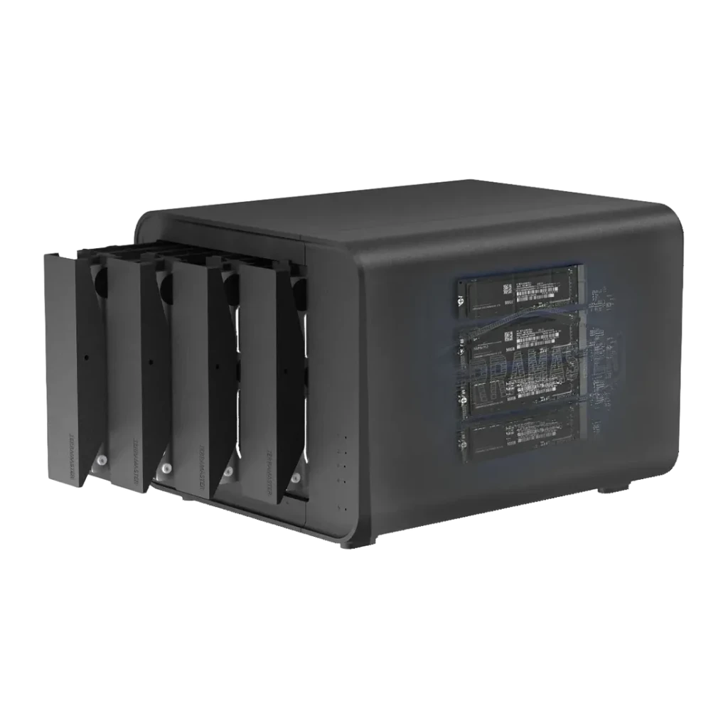 Boîtier DAS TerraMaster D8 Hybrid Noir 8 Baies (4 SATA + 4 M.2 NVMe), détail: 4 tiroirs SATA éjectés et 4 SSD M.2 NVMe