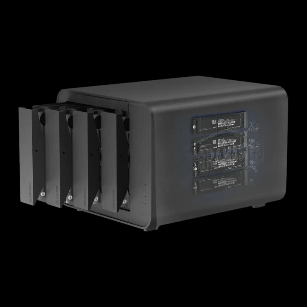 Boîtier DAS TerraMaster D8 Hybrid Noir 8 Baies (4 SATA + 4 M.2 NVMe), détail: 4 tiroirs SATA éjectés et 4 SSD M.2 NVMe