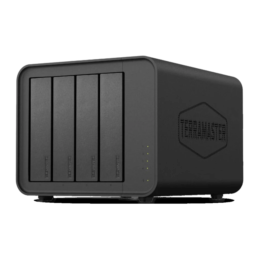 Boîtier DAS TerraMaster D8 Hybrid Noir 8 Baies (4 SATA + 4 M.2 NVMe), détail: vue avant en angle avec 4 baies SATA et grille
