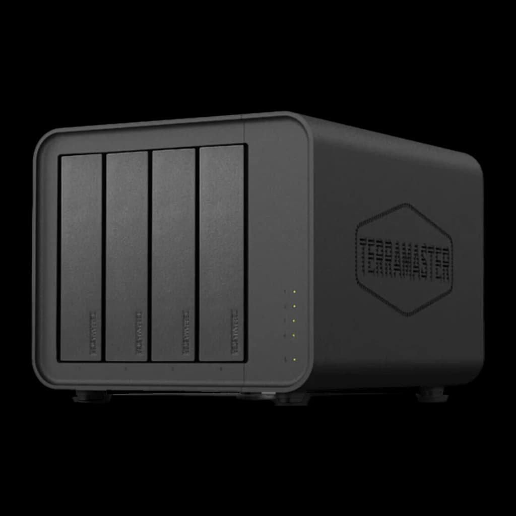 Boîtier DAS TerraMaster D8 Hybrid Noir 8 Baies (4 SATA + 4 M.2 NVMe), détail: vue avant en angle avec 4 baies SATA et grille